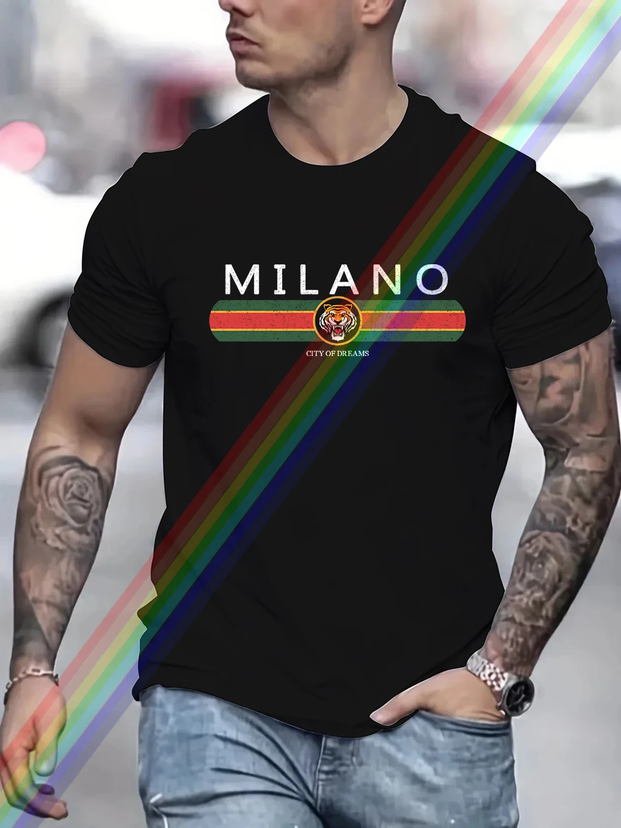 MILANO Print Męska letnia koszulka w stylu vintage, na co dzień z czystej bawełny, obszerna koszulka Streetwear Casual Fashion Style Clothing