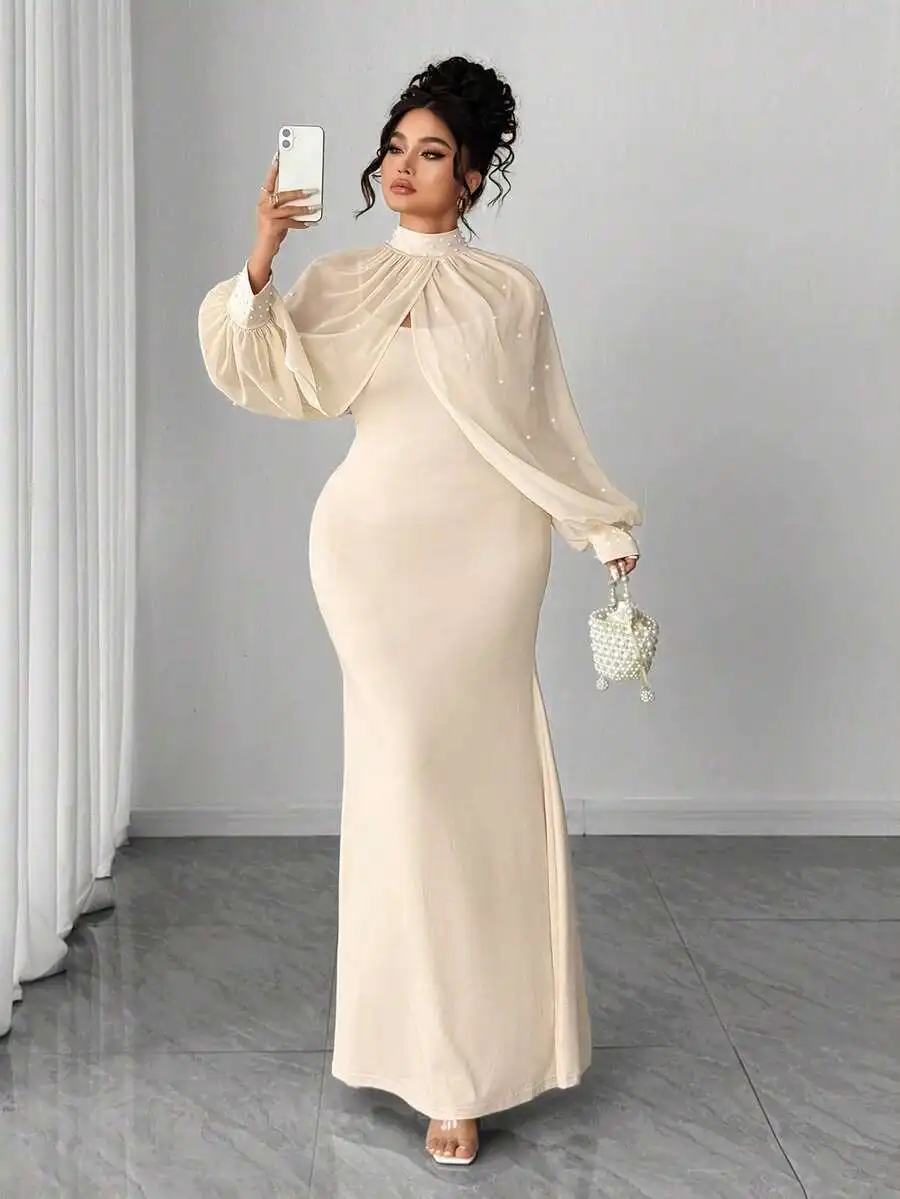 

Elegant Plus Size Round Neck Mesh Patchwork Pearl Decor Long Sleeve Maxi Dress For Spring Summer