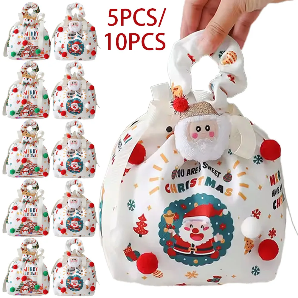 

5/10PCS Santa Claus Christmas Eve Snack Packaging Bag Elk Snowman Reusable Drawstring Bag Xmas Gifts Bags Merry Christmas Decor