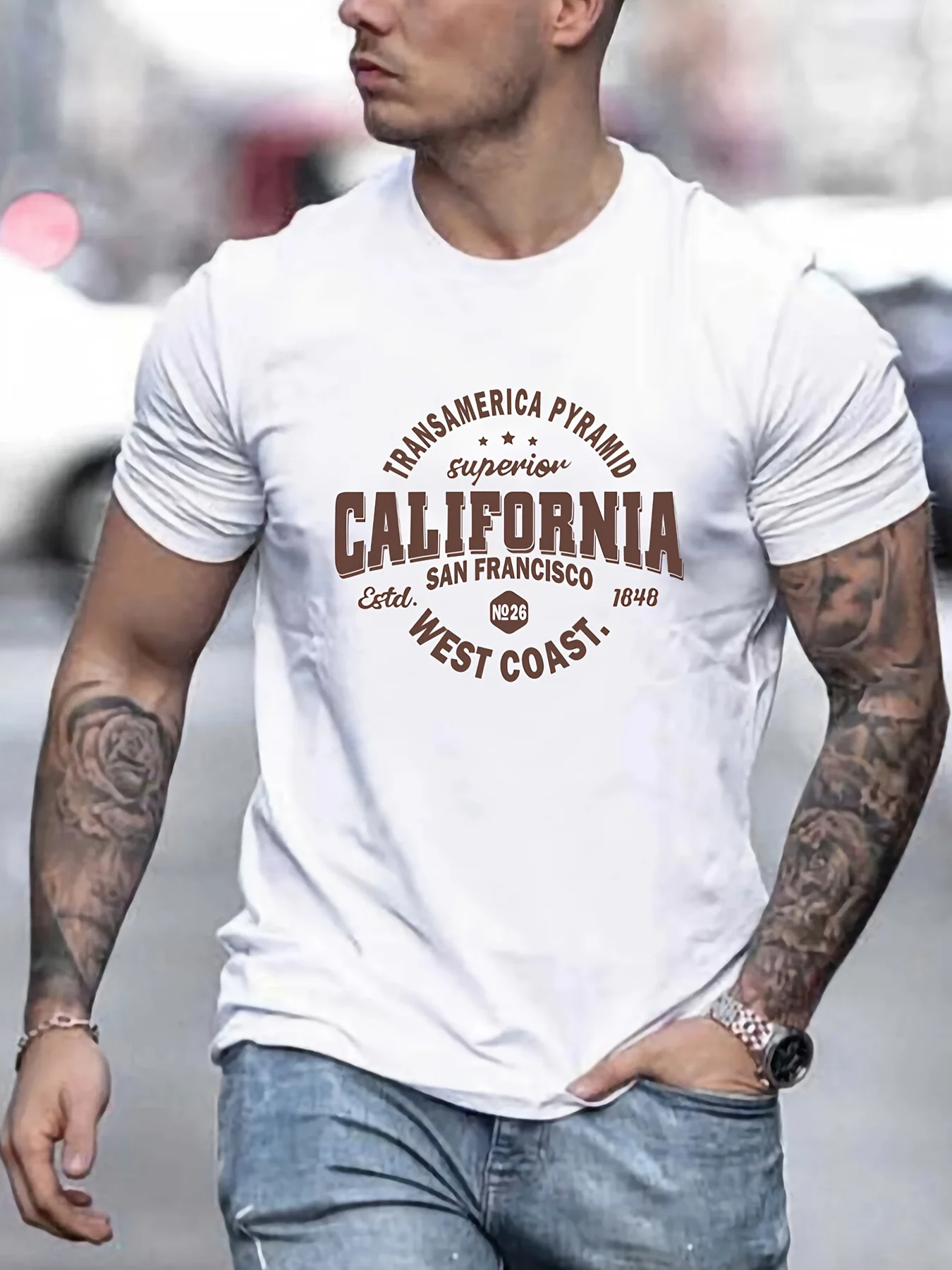 Men's 100% cotton casual sports loose fit California West Coast print round neck short sleeved T-shirt top image 2