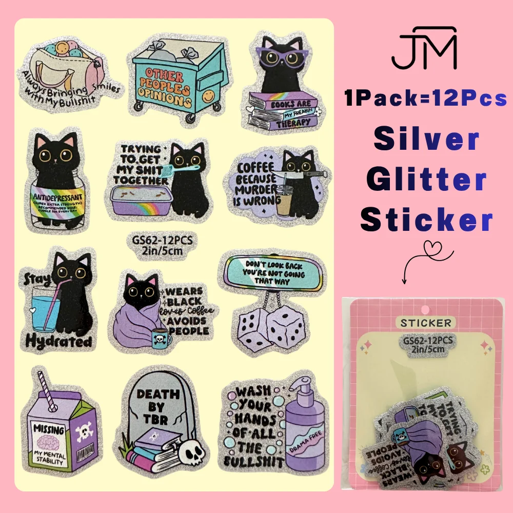 

12pcs Mental Health Awareness Black Cat Gold Silver Glitter UV DTF Stickers Sparkling Decals For Cup Mug Notebook DIY Crafts