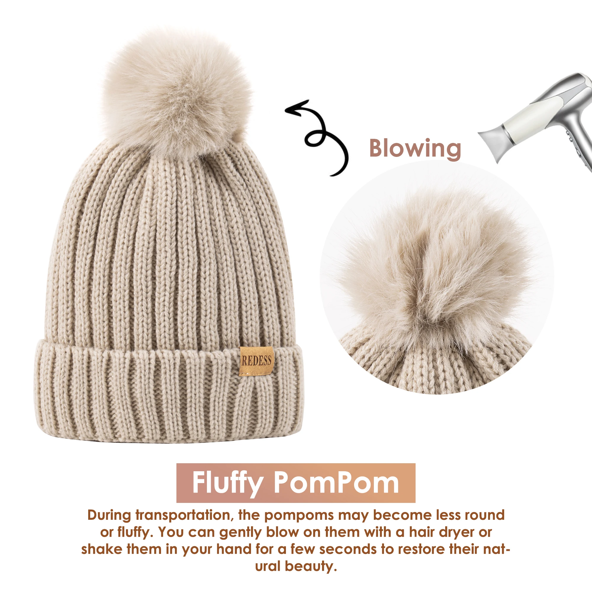 Winter Beanie Hat Scarf Gloves Set for Women，Womens Beanie with Pom Pom Long Scarf Neck Warmer Touchscreen Gloves 3 in 1 Set