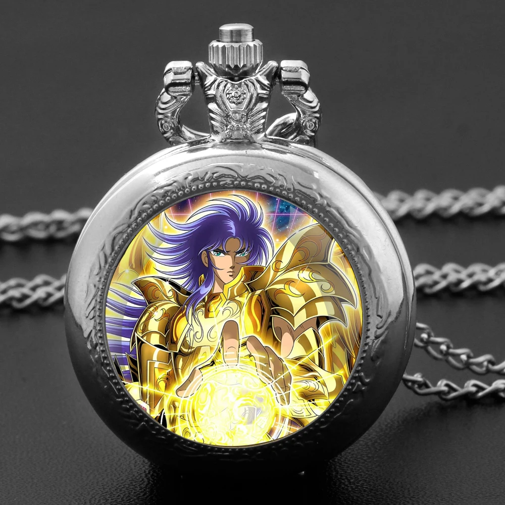 ساعة جيب كوارتز سوداء على شكل قبة زجاجية من Saint Seiya مع قرص أرقام عربية وسلسلة متينة هدية كلاسيكية للرجال والنساء