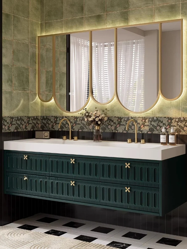 

Slate seamless ceramic basin retro wind rubber wood enlarged basin bathroom cabinet