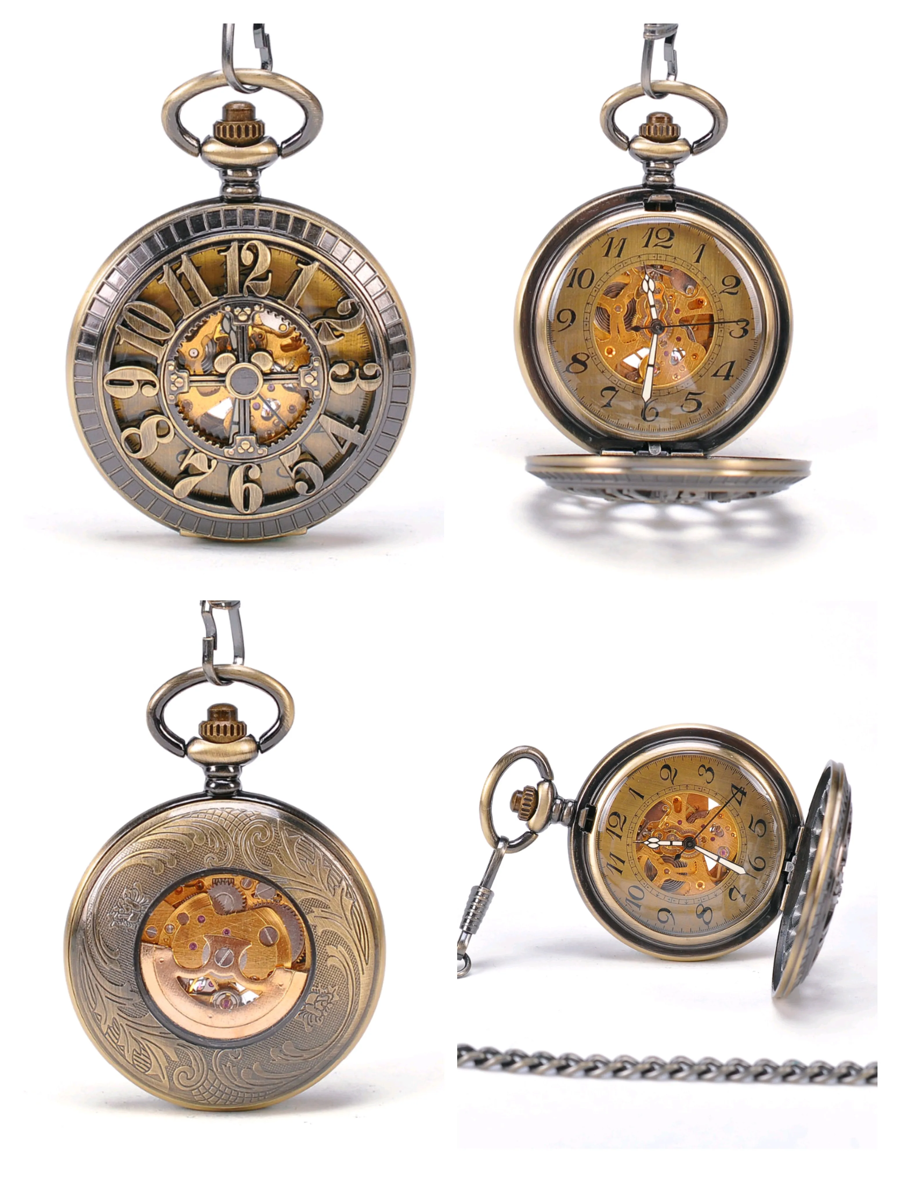 New Arrival Bronze Tone Case Men's Automatic Mechanical Steampunk Pocket Watch Self Winding Fob Watches Gifts