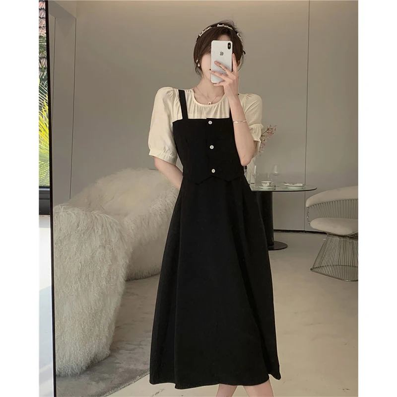 MEXZT Sweet Elegant Dress Women Patchwork Puff Short Sleeve A Line Midi Dress Korean Summer Empire Slim All Match Vestidos New