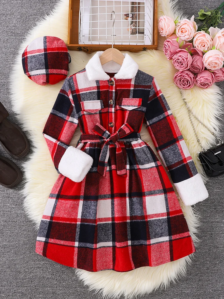 

Осенне-зимнее женское повседневное платье для средней школы и детей с воротником в стиле ретро, двухцветное клетчатое платье и шляпа, комплект из двух предметов