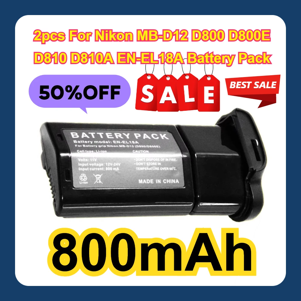 

800mAh 2pcs For Nikon MB-D12 D800 D800E D810 D810A EN-EL18A Battery Pack