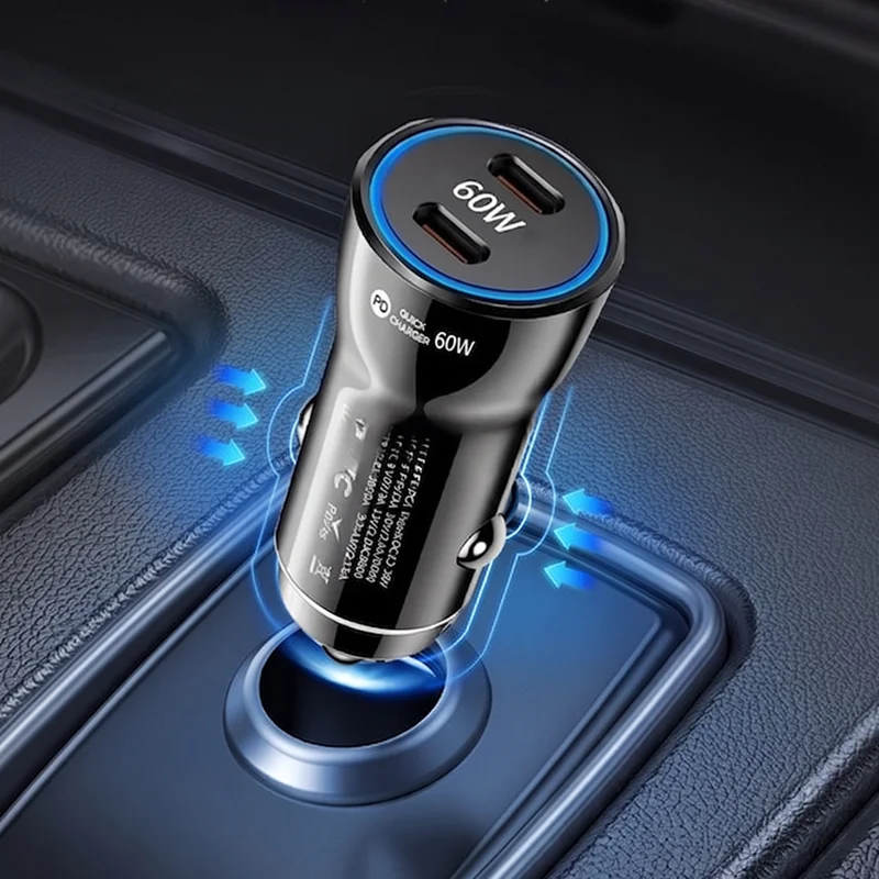 Dual USB C Car Charger 60W PD Fast Charge Power Adapter For iPhone 17 16 Pro Max For Samsung S24 For iPad Dash Cam Stable Plug
