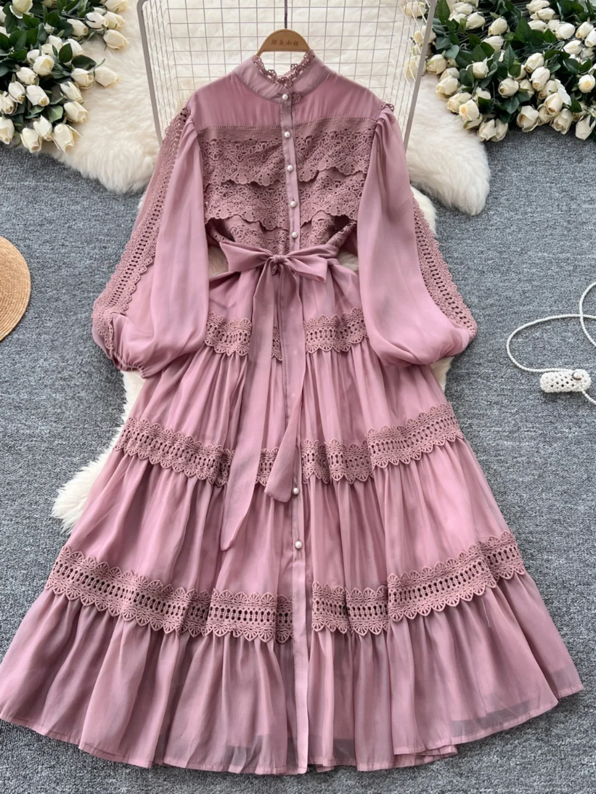 Élégant évider Organza longues robes Maxi chemise femmes printemps été couche à volants manches longues perle soirée robes