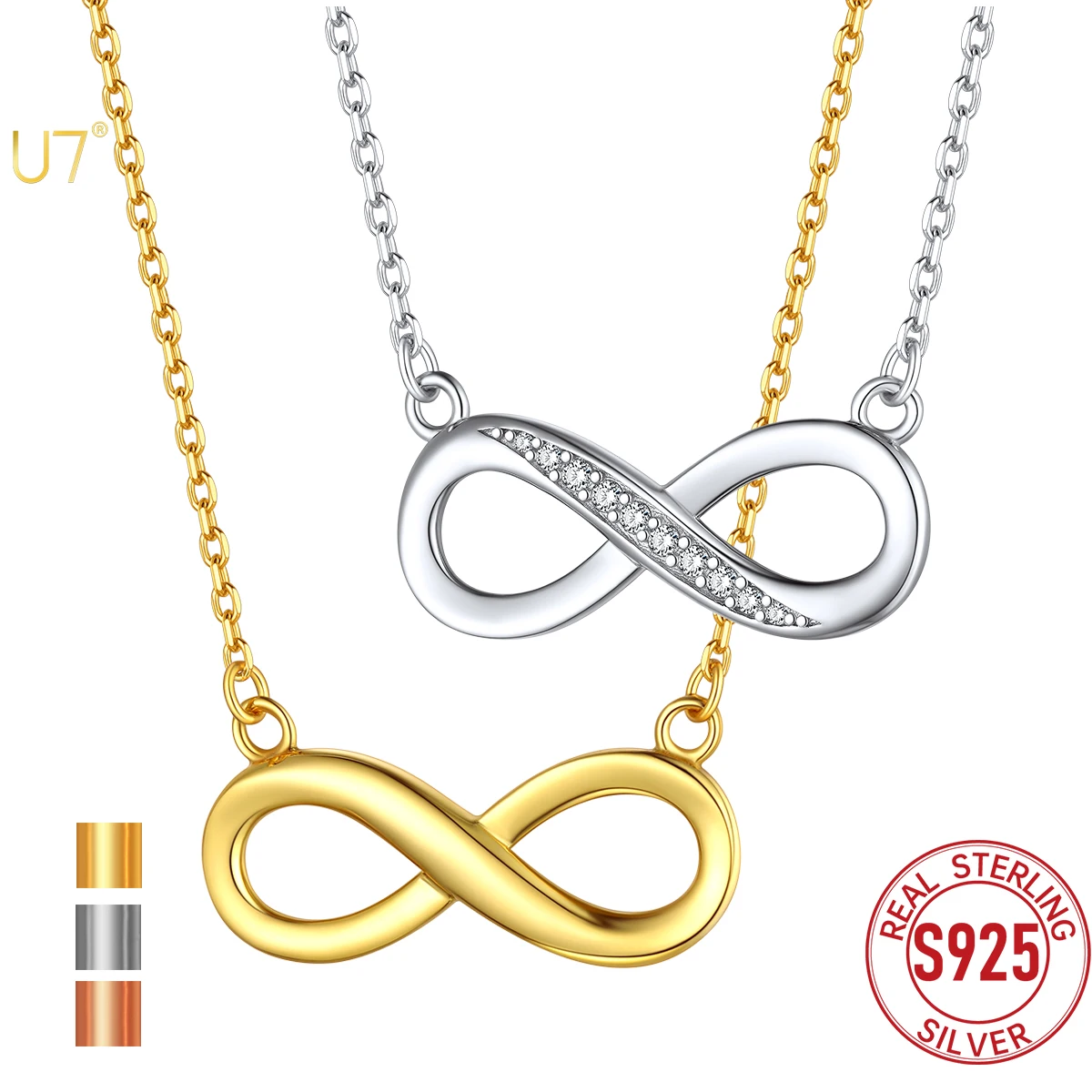 U7 925 Sterling Silver Infinity Necklaces for Woman A+++ Clear White CZ/Opal/Plain Infinity Dainty Romantic Daily Jewelry Gift
