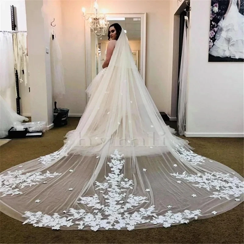 Elegante Branco Marfim Véu De Casamento, Wavy Lace Mantilla, Catedral Bridal Acessórios, 2 Camadas com Pente, 4m