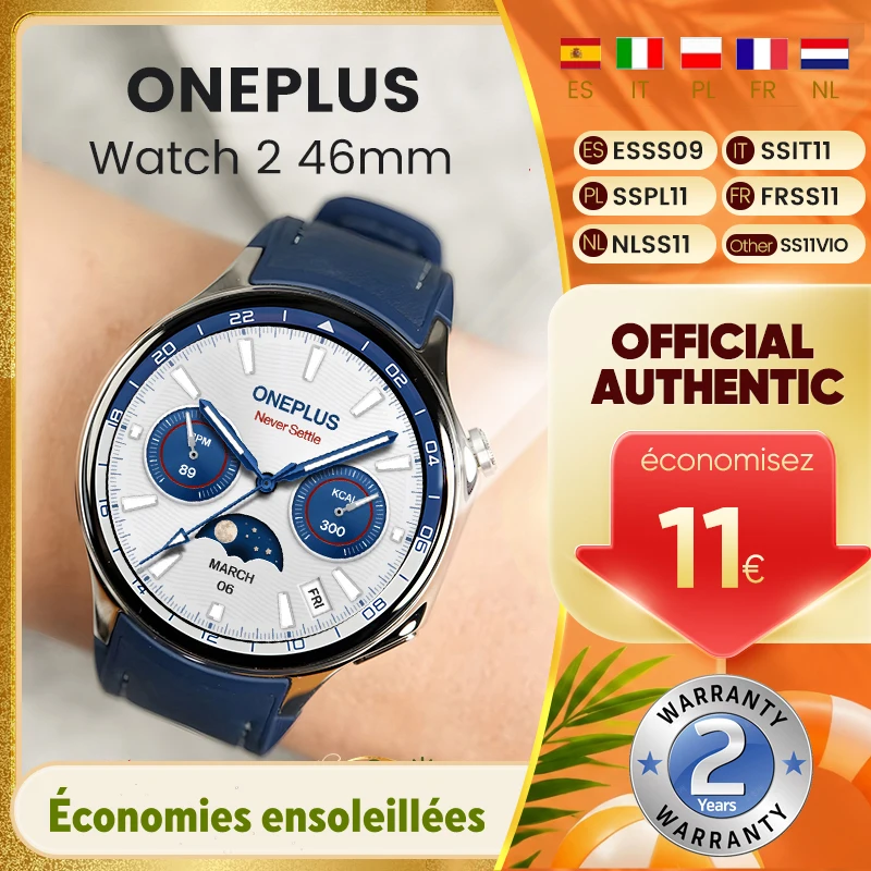 Nouvelle montre intelligente OnePlus Watch 2, écran AMOLED de 1,43 pouces, batterie de 500 mAh, plus de 100 modes sportifs, 2 Go + 32 Go, 46 mm, Wi-Fi, GPS, IP68, Google Pay