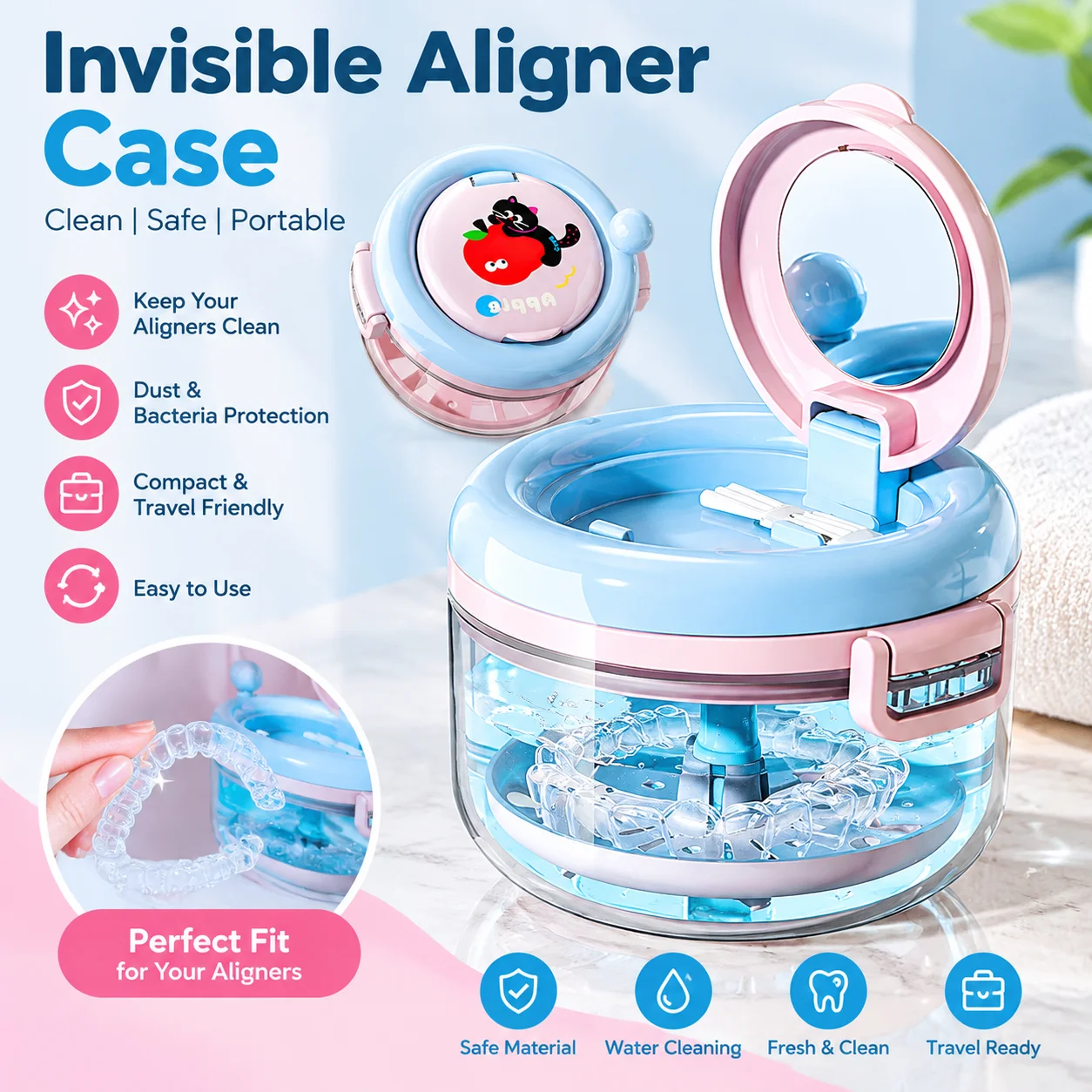 Invisible Aligner Case Portable Retainer Box Leakproof Travel Orthodontic Storage Box with Brush Holder for Braces Denture