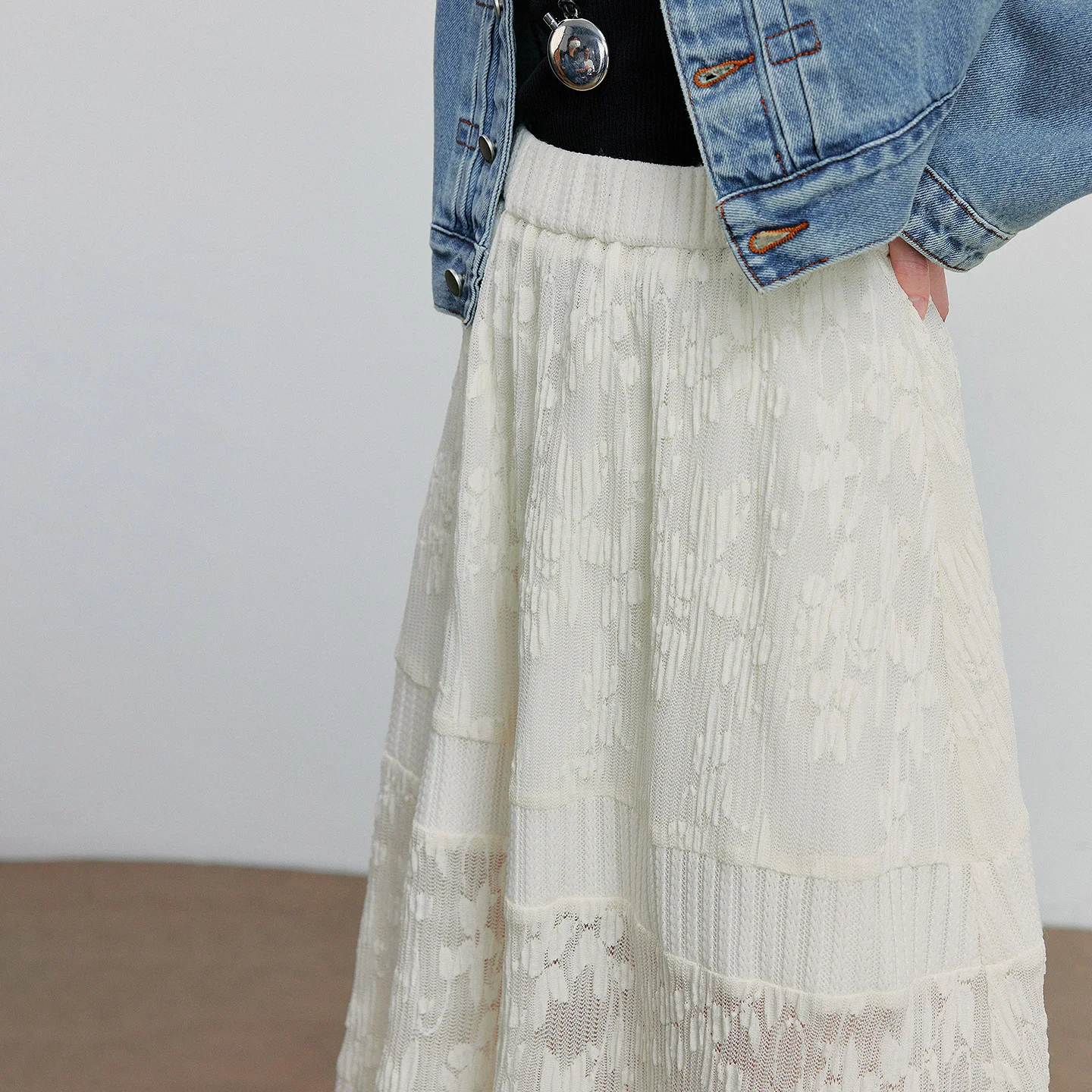 Toyoth saia de renda feminina 2025 outono novo estilo boho camada emenda cintura elástica uma linha saia na altura do tornozelo
