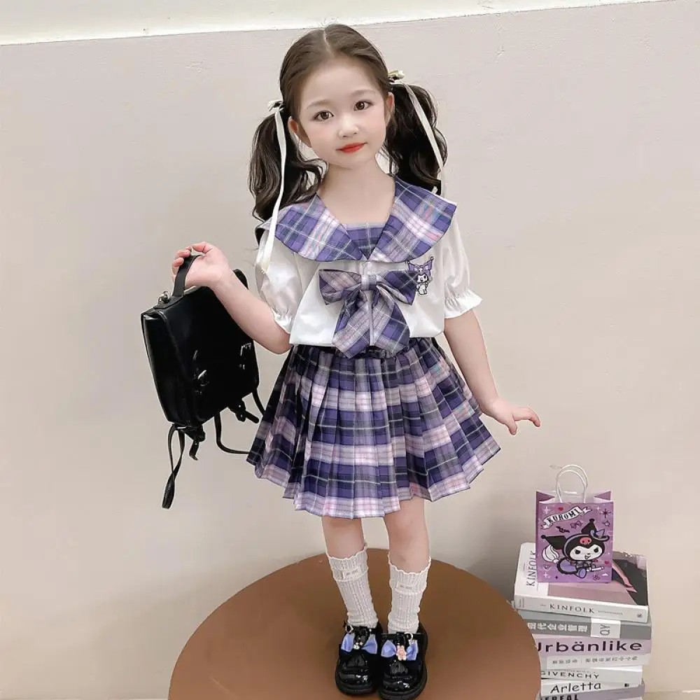 

Kuromi Anime Children Girls' College Style Set Short Sleeve Summer Sanrio Cartoon Kawaii Princess Two Piece Pleated Skirt Set