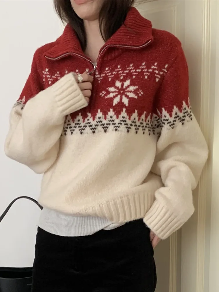 Weicher Fcey-Strickpullover für Damen, lässig, locker, Winter, neuer Sle f-Reißverschluss, faires Isle-gemustertes, bequemes, atmungsaktives Oberteil