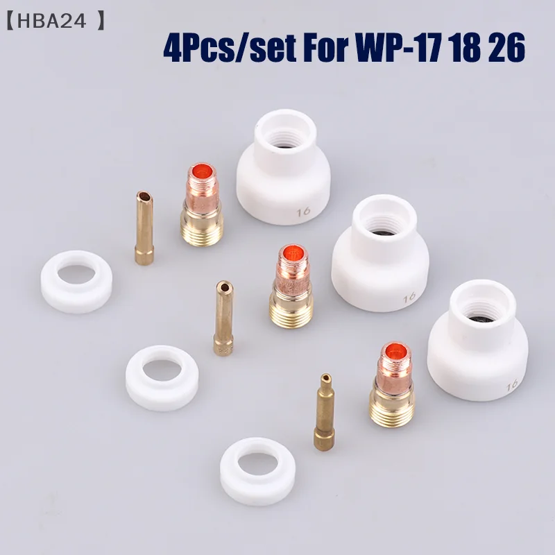 

4Pcs TIG Welding 1.6/2.4/3.2mm White Ceramic Nozzle Alumina Cup Kit Torches WP17 18 26 Stubby Collets Body Gas Lens Set