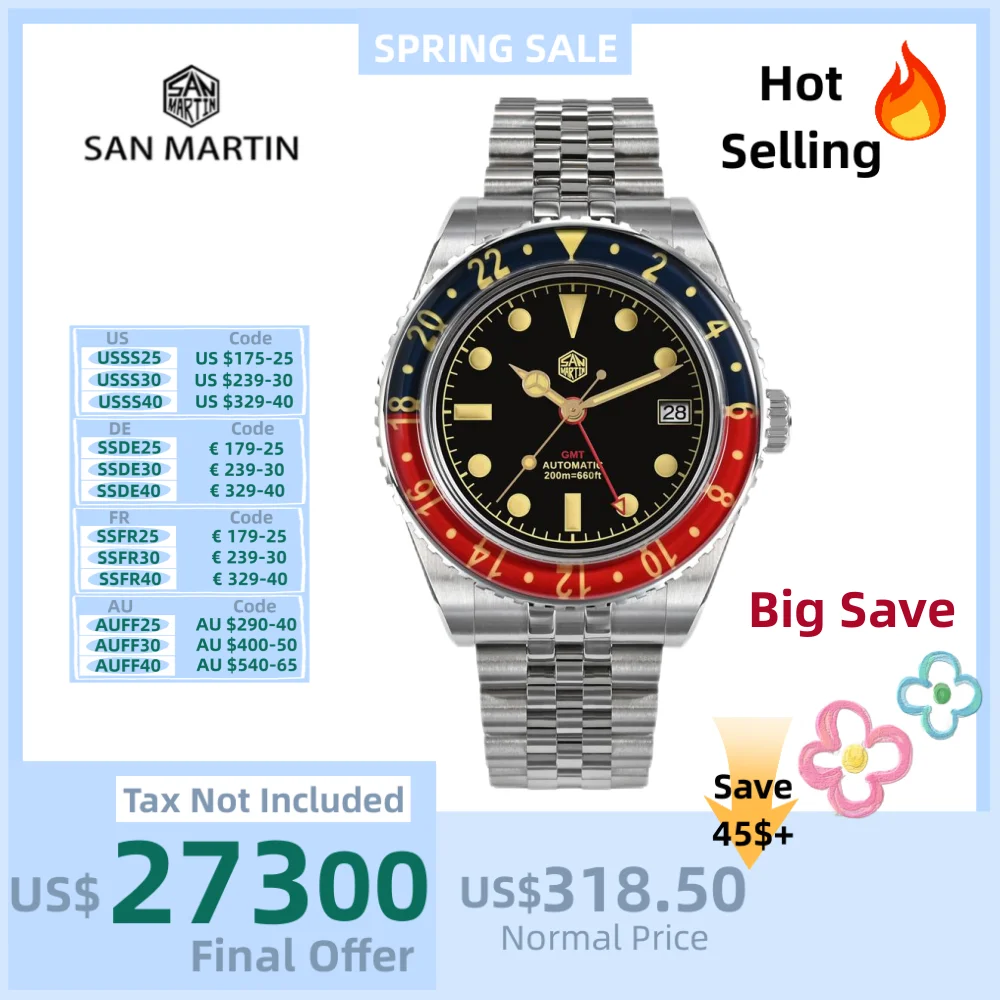 San Martin 40mm NH34 GMT Diver's Watch For Men Sapphire Bezel Jubilee Bracelet On The Fly Adjust Clasp 20Bar Saat Erkek SN0005B