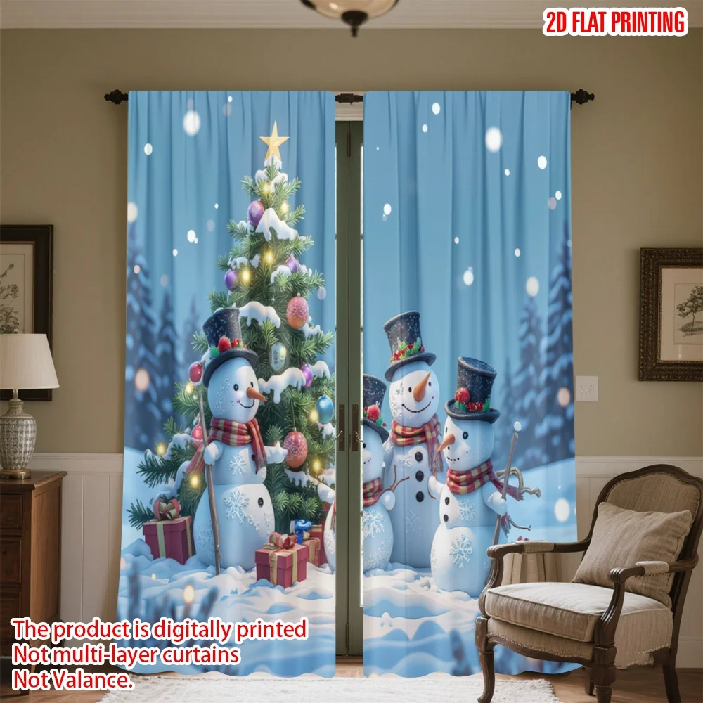 

2D flat printing 2pcs Curtain Christmas Snowmen and Tree Digital Printed Polyester Drapes Festive Wall Decor Use for Festive