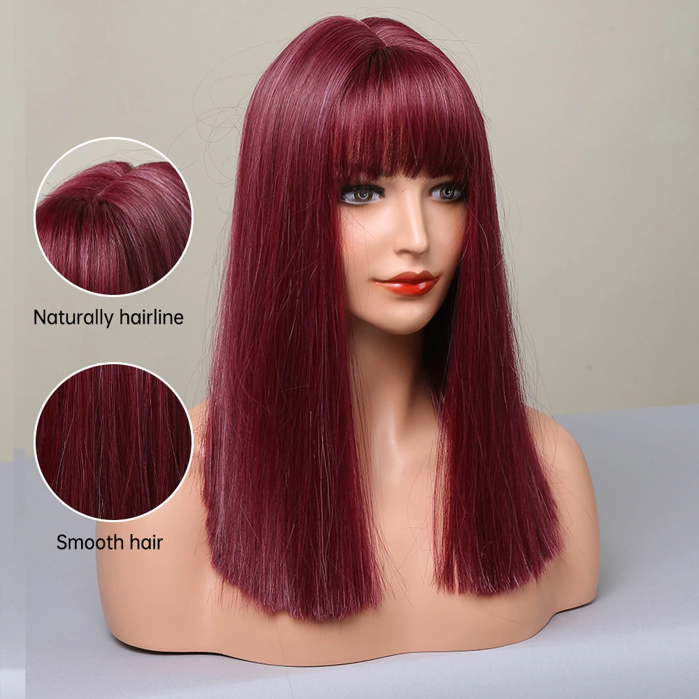 HENRY MARGU Short Bob Straight Synthetic Wig for Women Wine Red Burgundy Hair Wig with Bangs Cosplay Party Lolita Heat Resistant