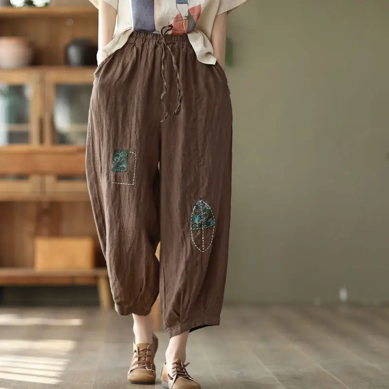 Women Vintage Ethnic Style Patches Baggy Comfortable Cotton Linen Harem Pants Summer Female Simple Casual Loose Cropped Trousers