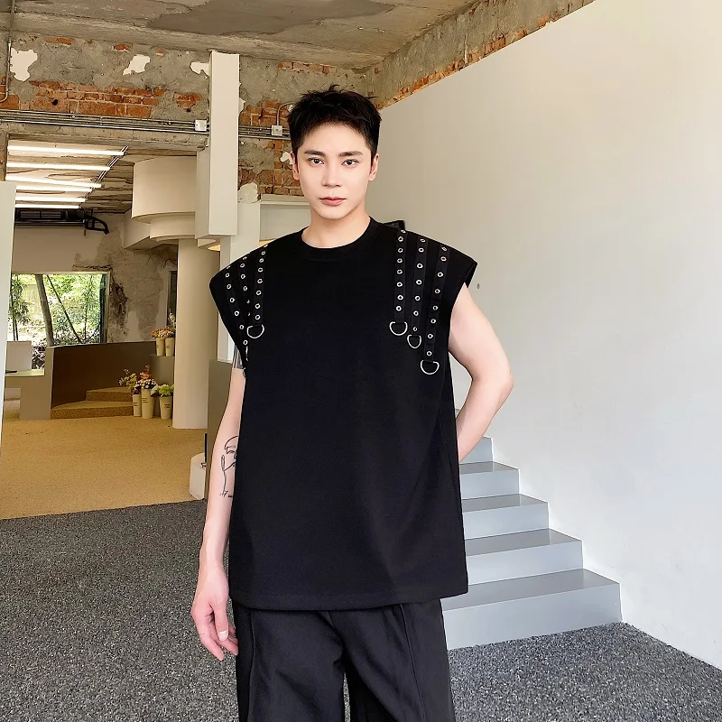 

Мужская свободная футболка с металлическим декором, круглым вырезом, летняя, модная, в стиле хип-хоп, повседневная, молодежная, трендовая