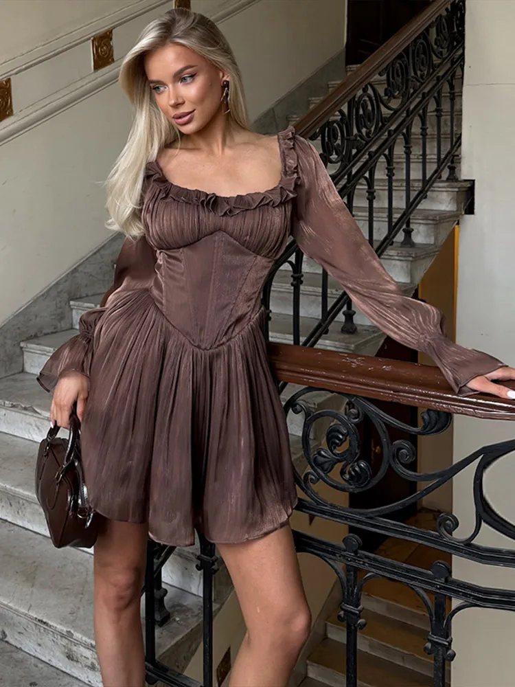 Quadratischer Ausschnitt Rüschen Kurzes Bodycon-Kleid Damen Sexy Laternenärmel Fischgräten-Schnürung Korsett-Kleider Schicke Damen-Partykleidung Robe – Detail 22