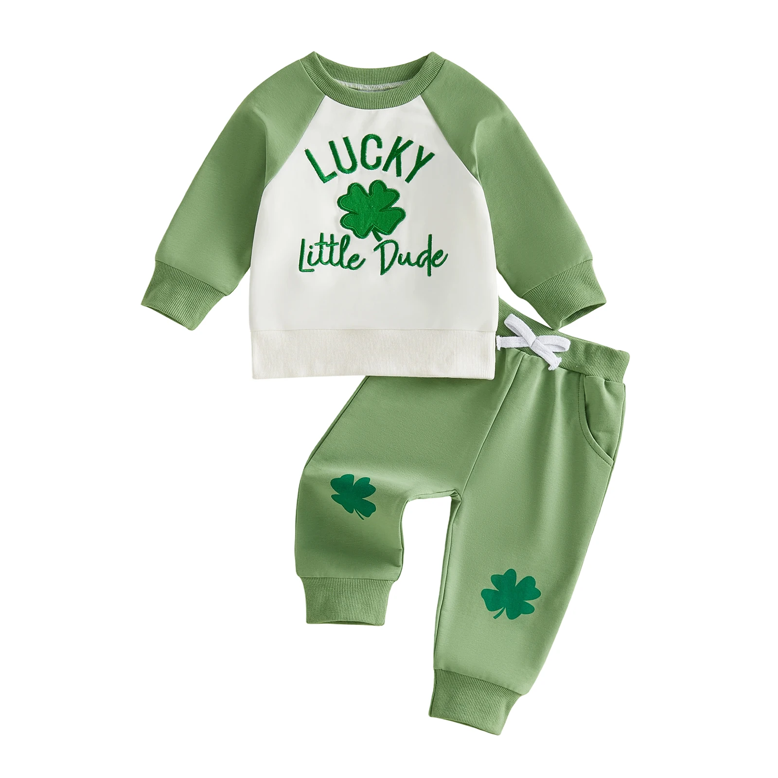 Boy Spring Outfits Letter Clover Embroidery Long Sleeve Pullover Elastic Waist Pants