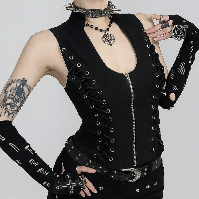

Женский готический темный облегающий жилет на молнии на шнуровке, топы в стиле киберпанк, несъемные бретели, черный цвет