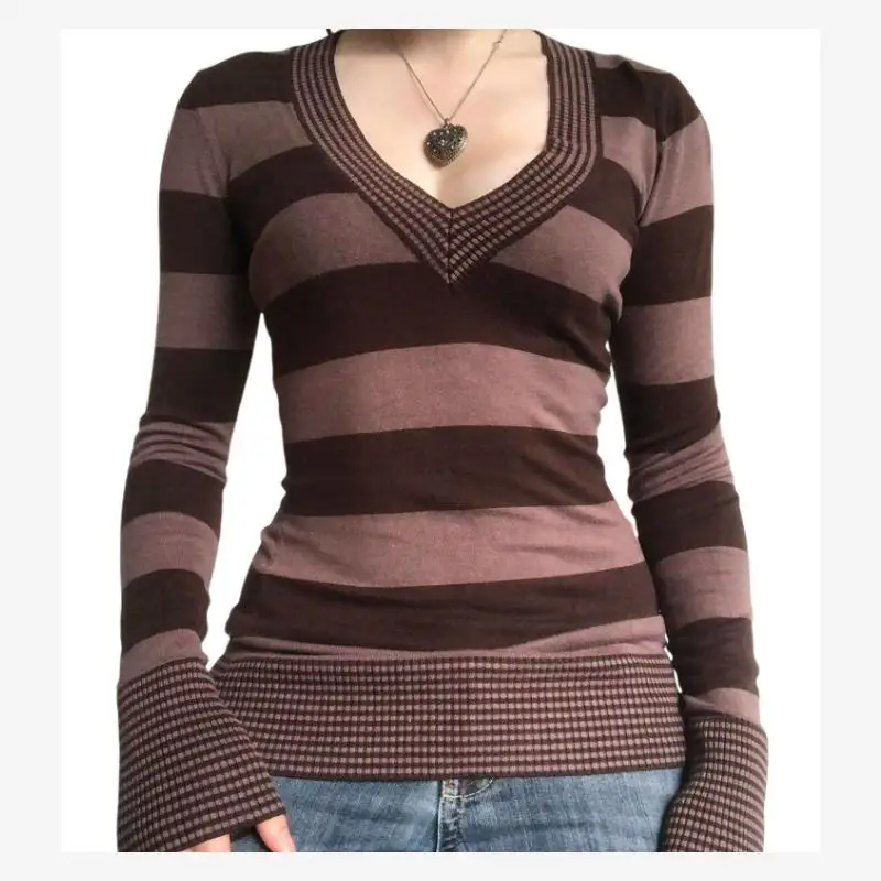 

Новый женский полосатый облегающий расклешенный свитер с персиковым воротником, длинный свек из смеси хлопка, удобный крой, весенняя модная повседневная одежда