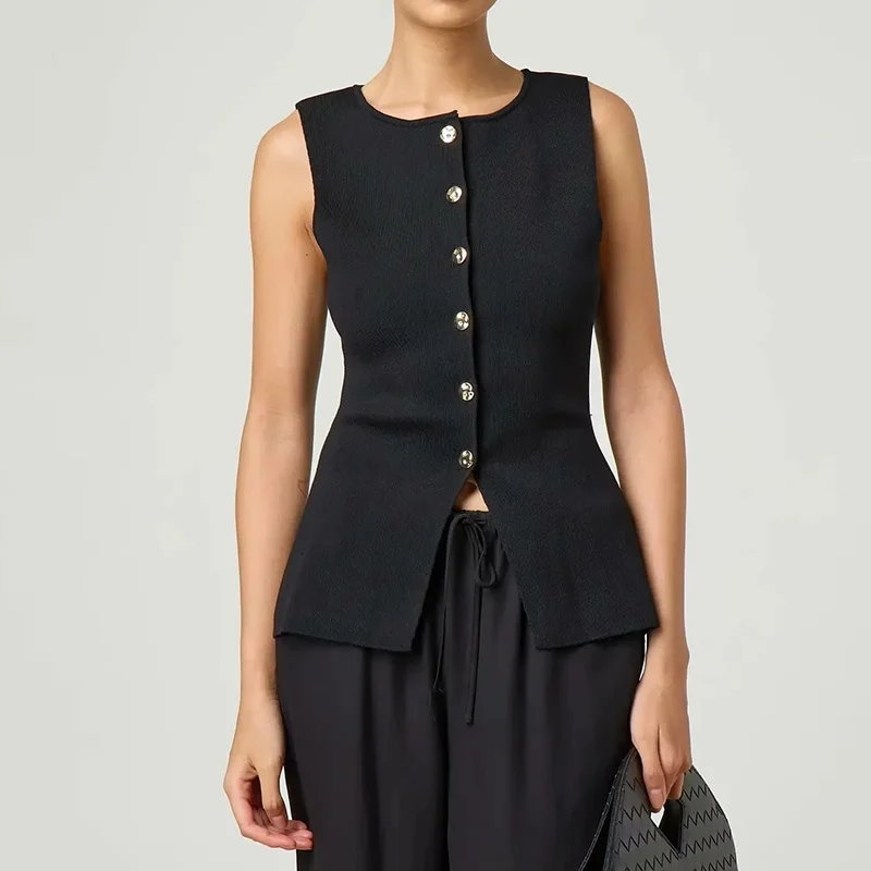 Printemps 2025 femmes Faion Simple bouton doré aiguille plate tricoté gilet haut polyvalent fibre de Polyester 00% Match tous les Sles