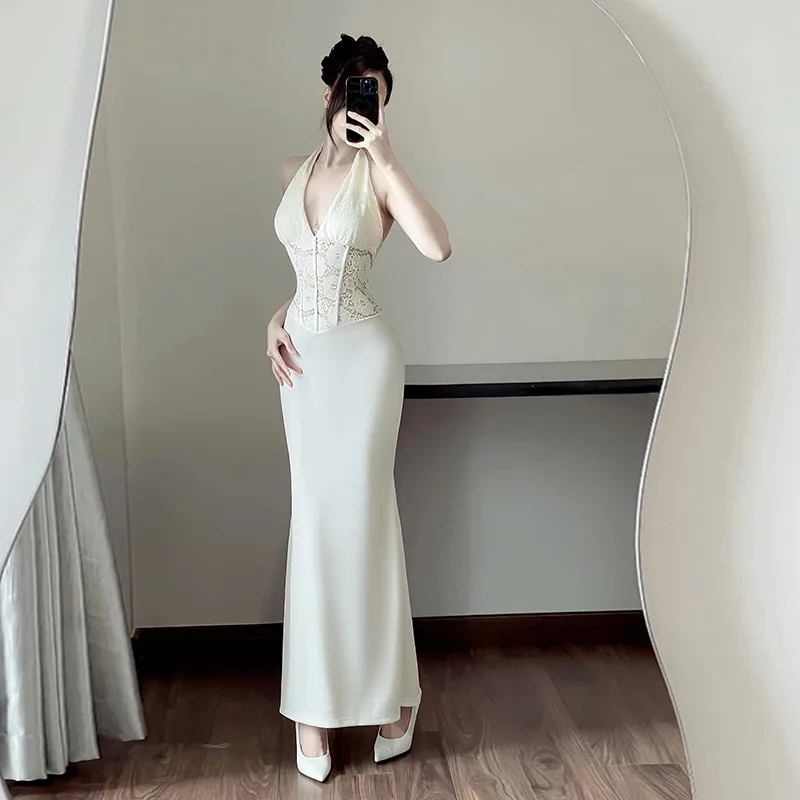 Summer Elegant Women's Long Dresses Sexy Party Lace Hanging Dress Party Frocks Women Vestido Con Corset Vestidos De Novia