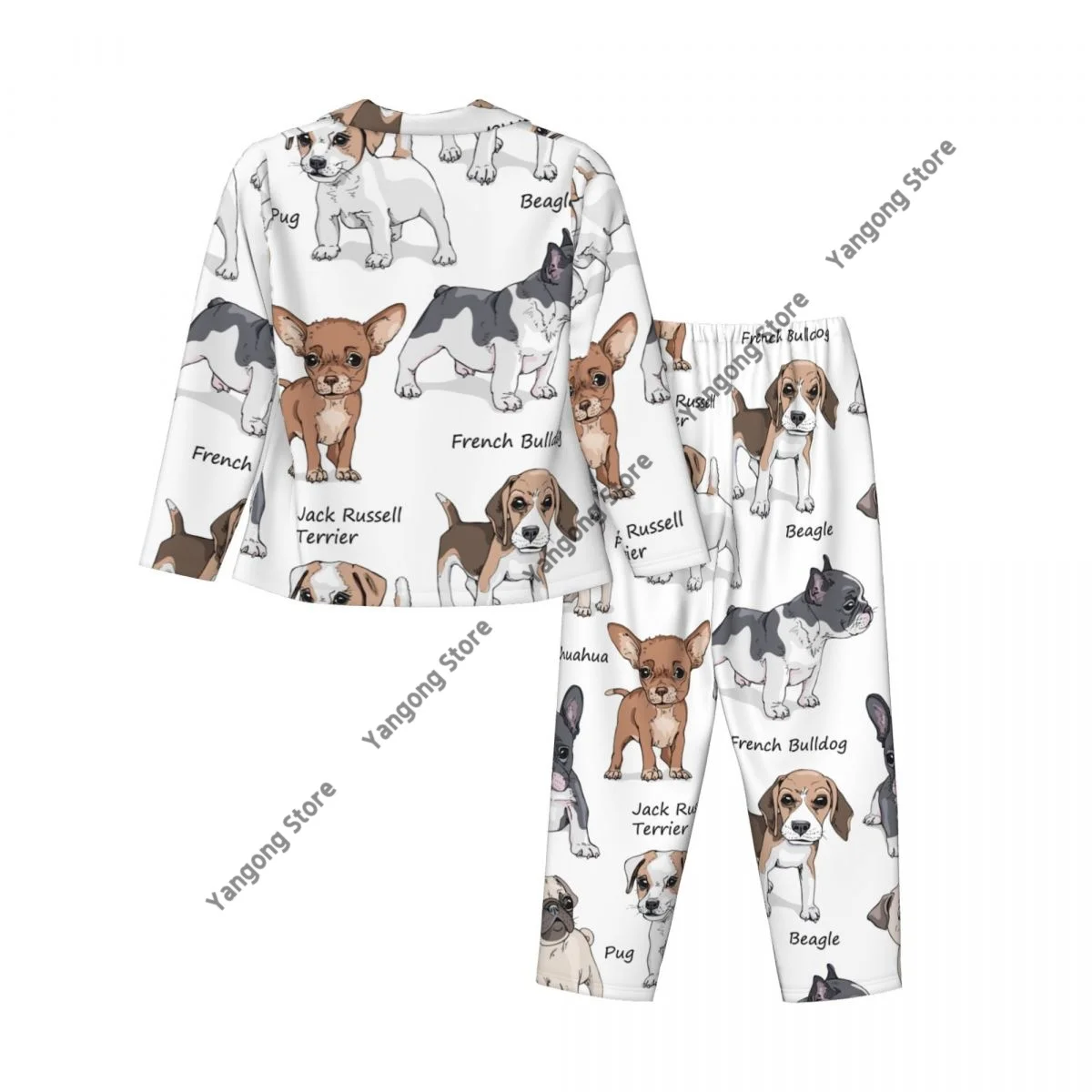 Women Sleepwear Dogs French Bulldog Beagle Jack Russell Terrier Chihuahua Pug Long Sleeve Neck Shirt Waist Pants Pajamas Set