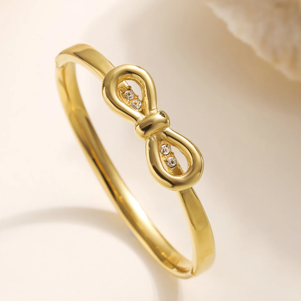 Gold Plated Stainless Steel Knot Bow Cuff Bangle Minimalist Open Bracelet Waterproof Zircon Women Fashion Stackable Jewelry Gift