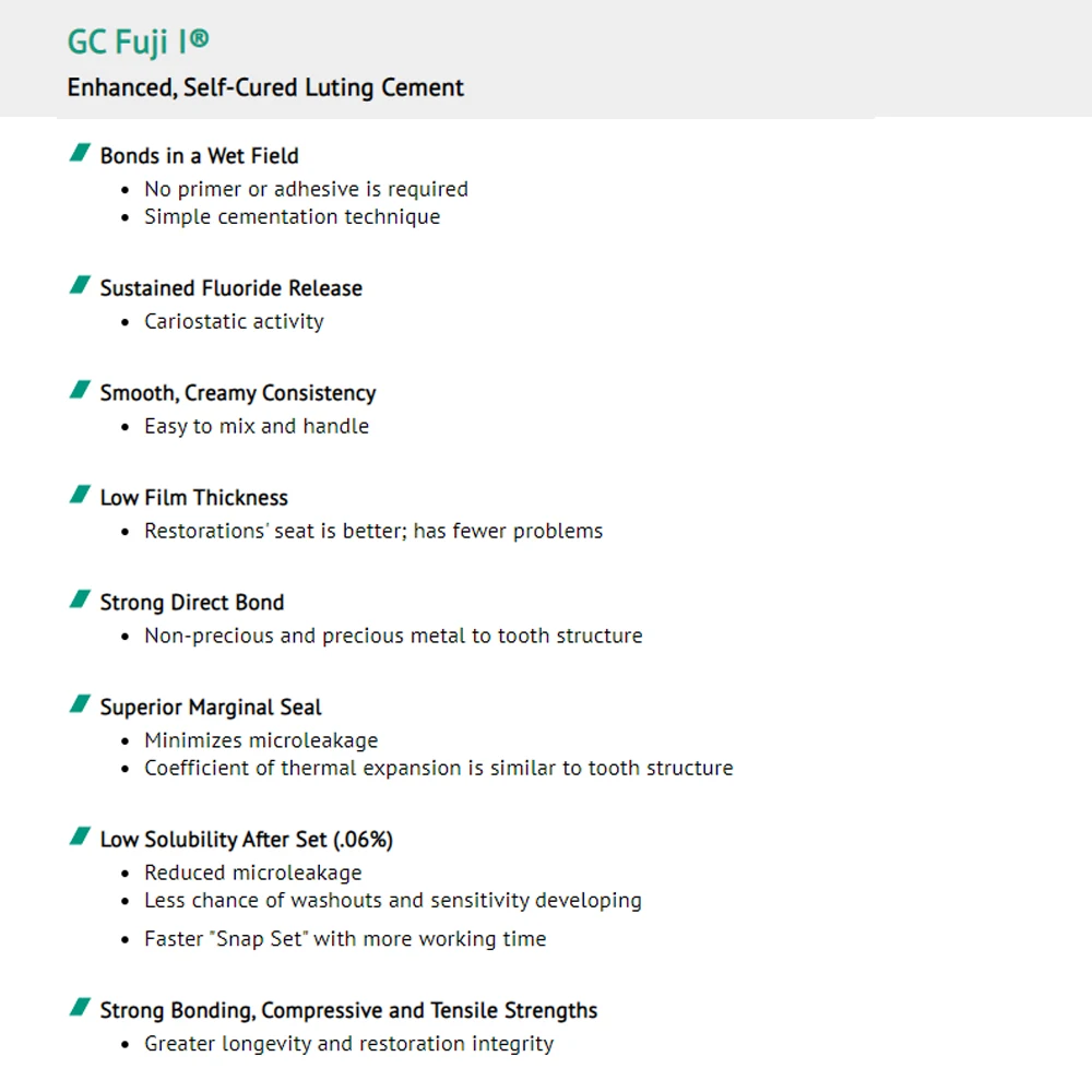 Gc Fuji 1 Cement Dental Products One I Enhanced Self-Cured Luting Cement Cementation Crown Bridge Restorations Bonding Adhesive