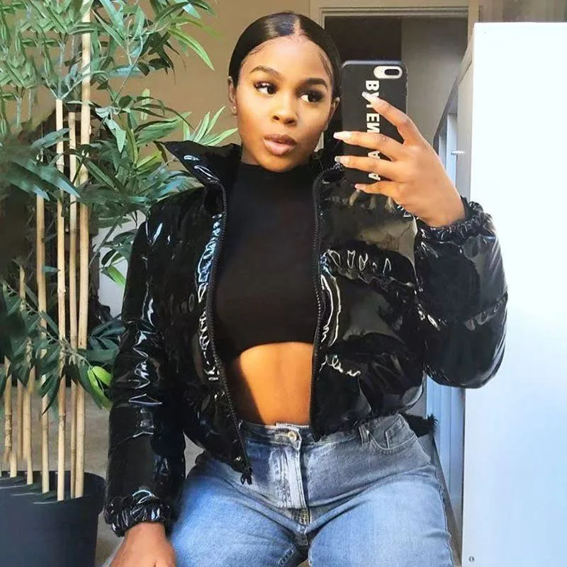 European and American Street Style Short Cotton Jacket Warm Jacket Jacket Bright Mirror Versatile Standing Neck Cardigan Women's