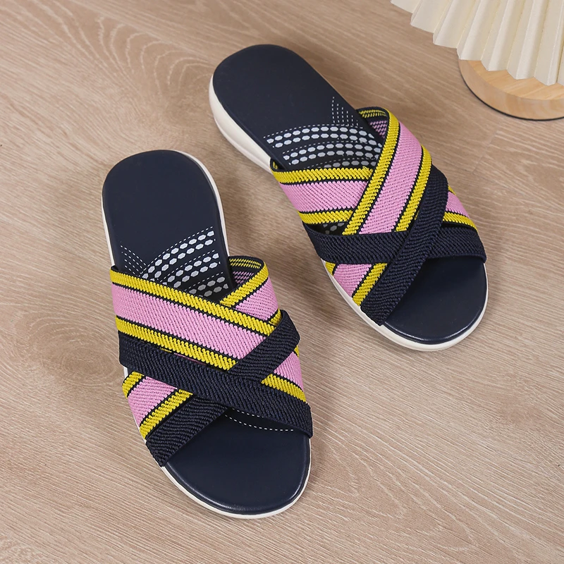 Summer Casual Slippers Mixed Colors Stripe Elastic Band Lightweight Wedges Casual Slippers Women Soft Thick Sole Casual Slippers