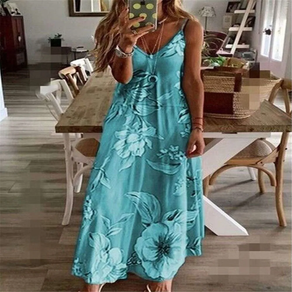 Vestido Boêmio Sem Mangas Feminino, Estampa Floral, Decote V, Alça, Vestidos Longos, Casual, Verão, Praia, Viagem, Roupa de Festa, S-5XL, 7 Cores