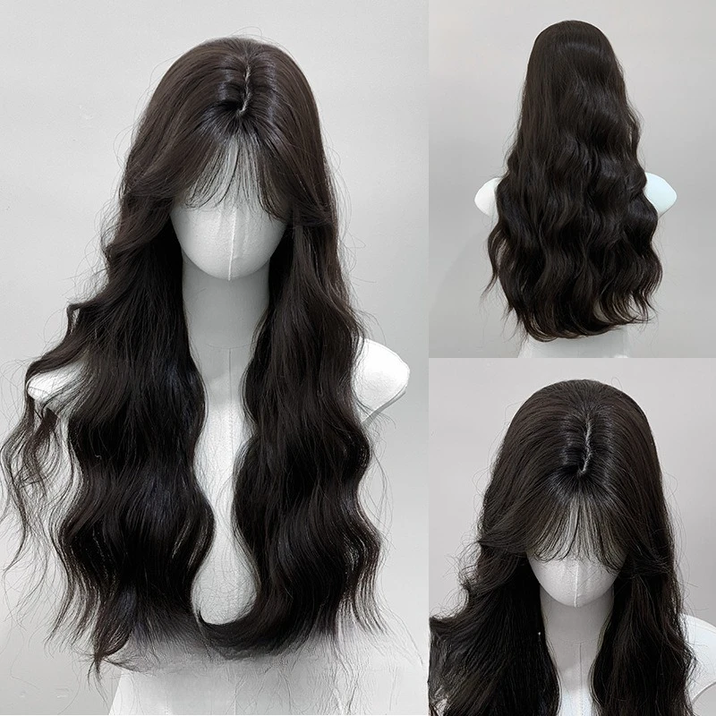 

Wig dark tea female long hair water ripple curly hair natural fashion daily full hood