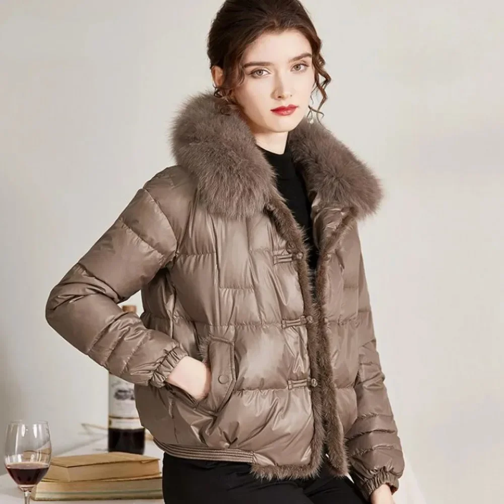 2023Real Fox Fur Collar Winter Women White Duck Down Jacket Ladies Short Warm Puffer Coat Female Loose Vintage Parka Outerwear