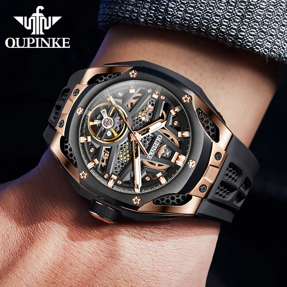 OUPINKE Men\'s Watches Luxury Tourbillon Automatic Mechanical Wristwatch Comfortable Silicone Sapphire Waterproof Luminous Trend