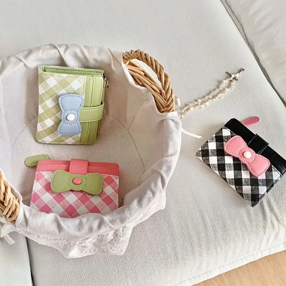 Short Checkered Bow Wallet Multiple Card Slots Dopamine Women Wallets Coin Purse Women Girls