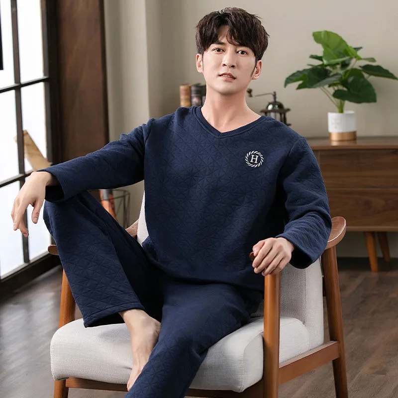 Thin Cotton Padded Pajamas Suit Autumn Winter Men Long-Sleeved Pullover Air Cotton Homewear Suit Male Large Size Sleepwear 2024