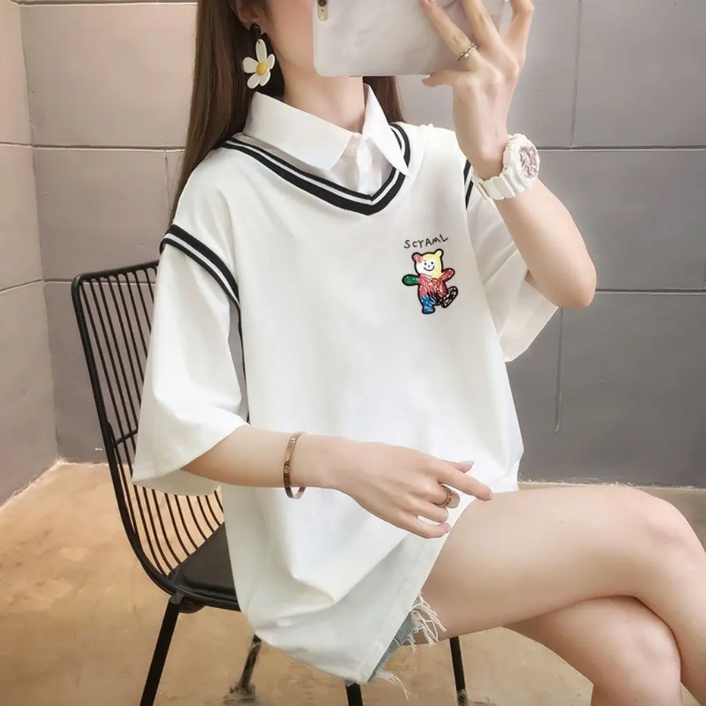 

Футболка с короткими рукавами с героями мультфильмов для девочек, летняя повседневная куртка с лацканами, искусственное платье из двух предметов для младших и старшеклассников