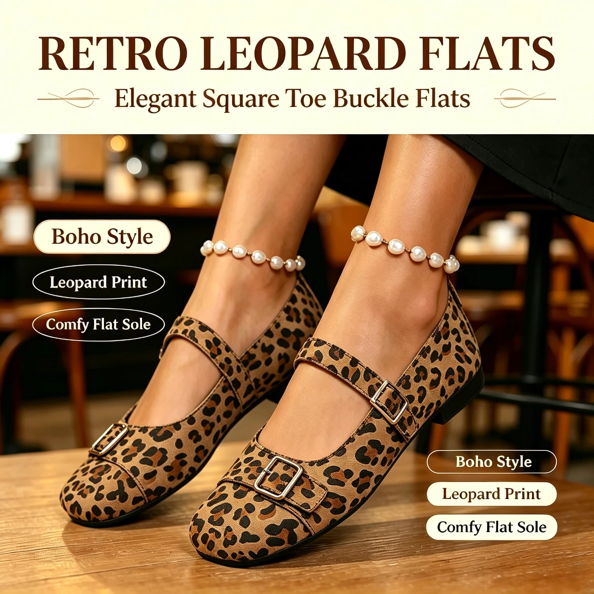 Leopard Print Women Mary Jane Flats, Square Toe Buckle Strap Design, Trendy Stylish Casual Daily Dress Walking Flat Shoes