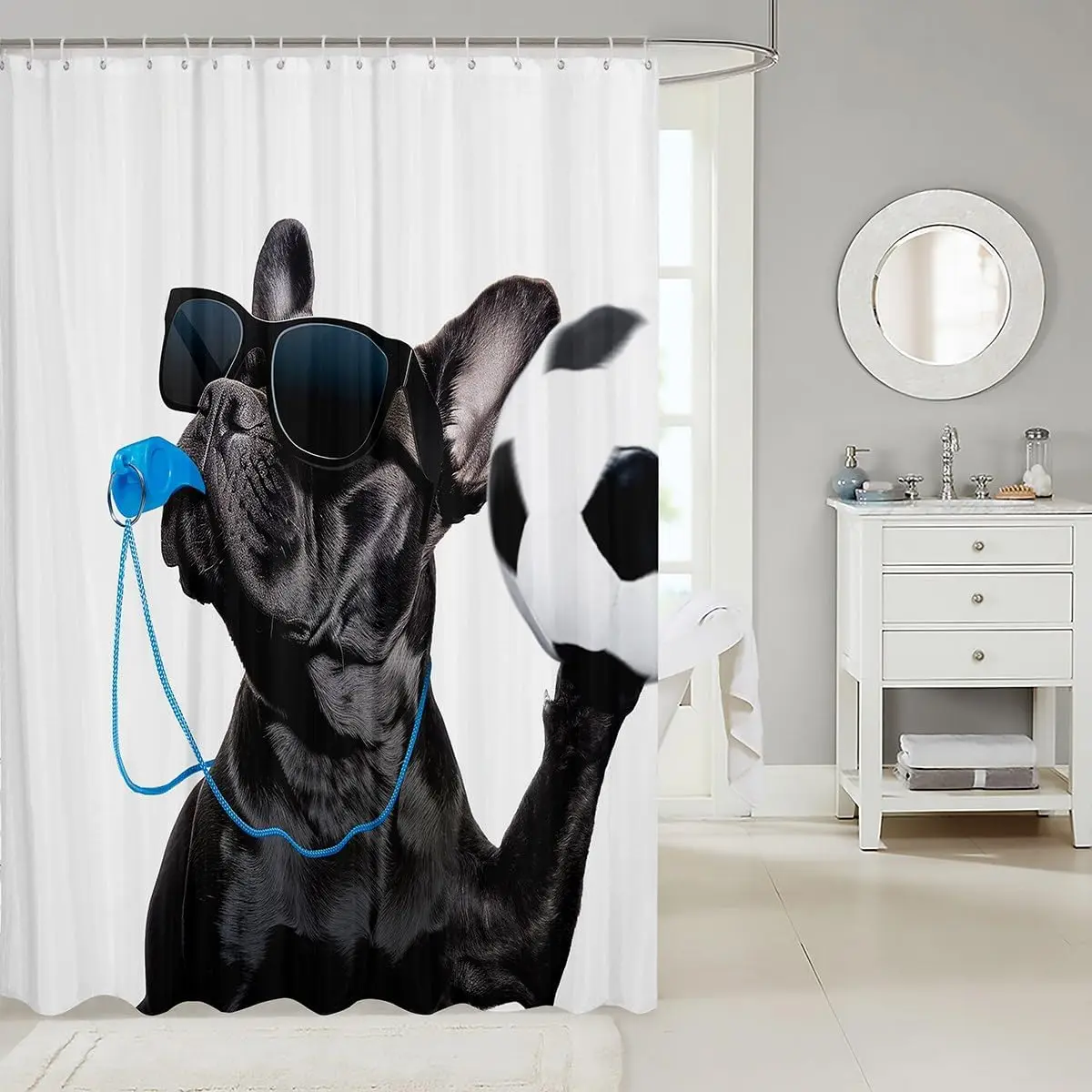 Soccer Ball Shower Curtain Funny Dog Referee Football Kids Boys Sports Competitive Design Bathroom Decor with Hooks