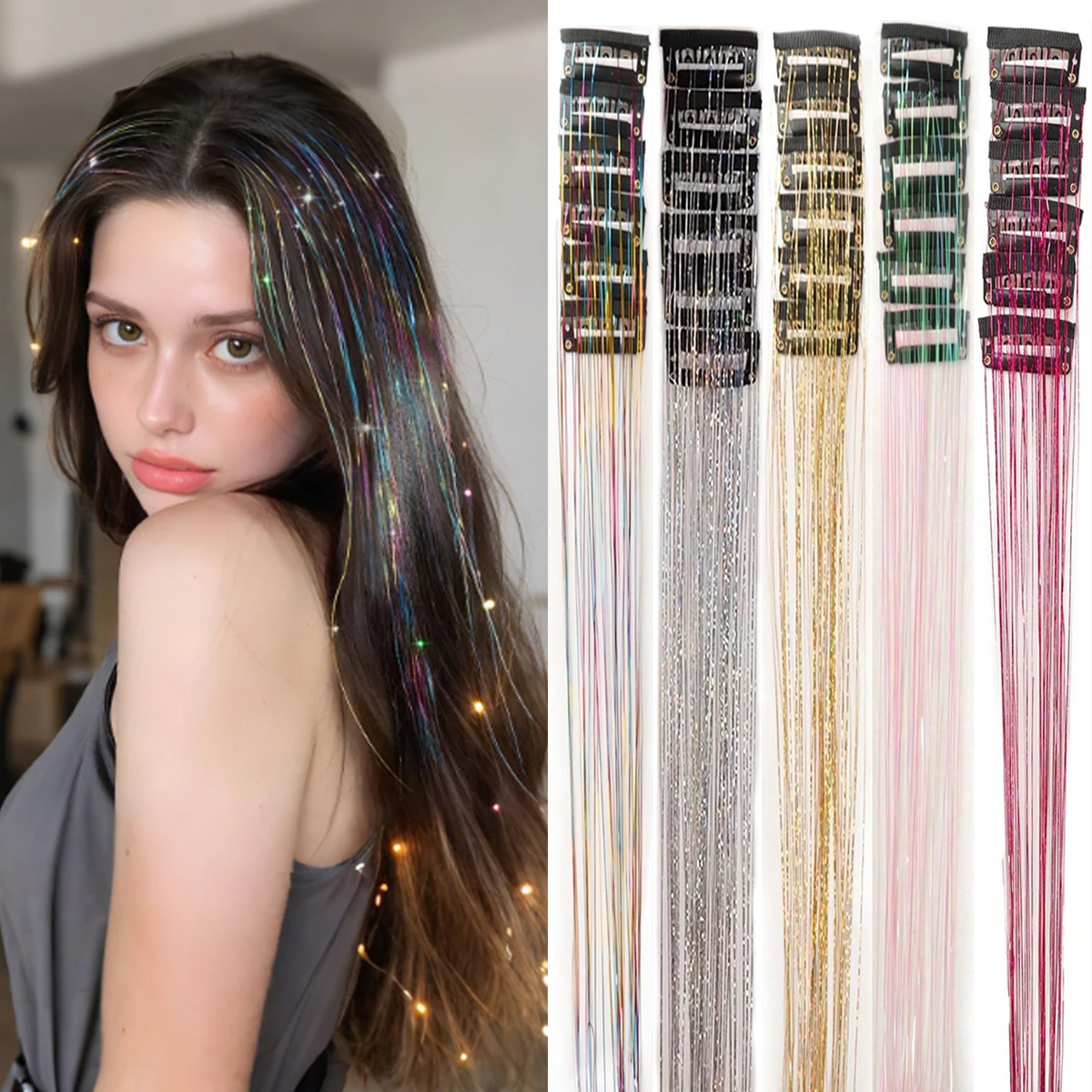 12個入り合成ヘアティンセルクリップ、20インチグリッターティンセルヘアクリップ、耐熱性シャイニースパークルフェアリーヘアティンセルキット