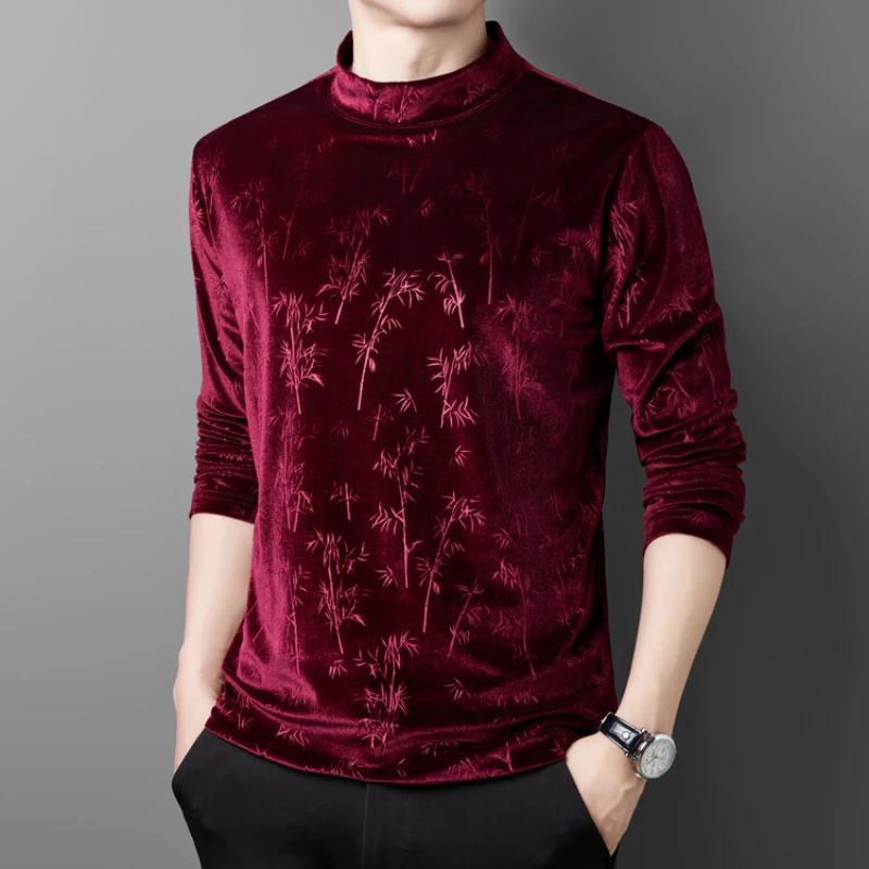 New Long Sleeve Men\'s Autumn/Winter Casual T-shirt Gold Velvet Half High Neck with Thick Velvet Base Top