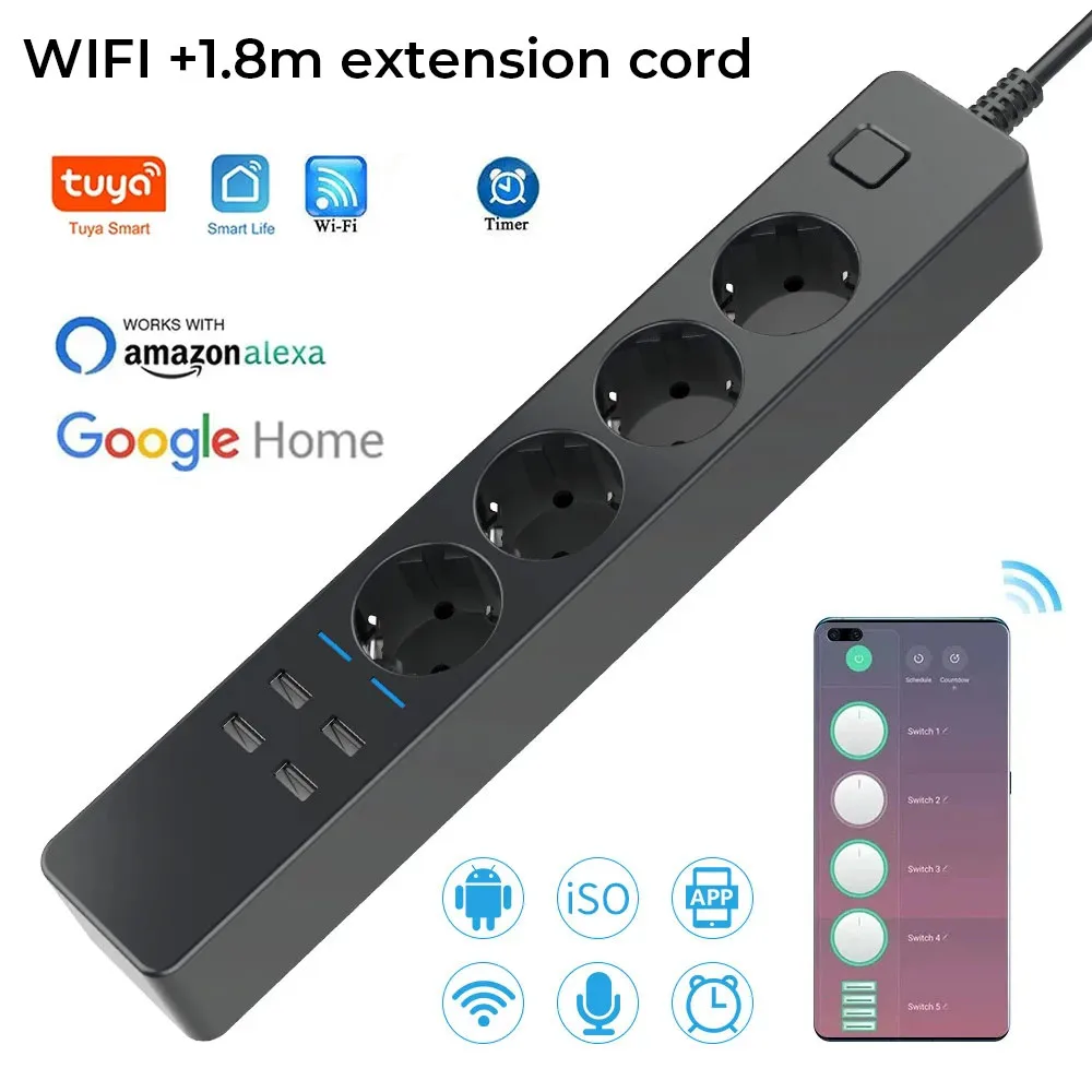 Wifi Smart Power Strip 4 EU 4 USB Outlets Plug 5V 3.1A Charging Port Timing Bluetooth Control with Alexa Google Home Assistant